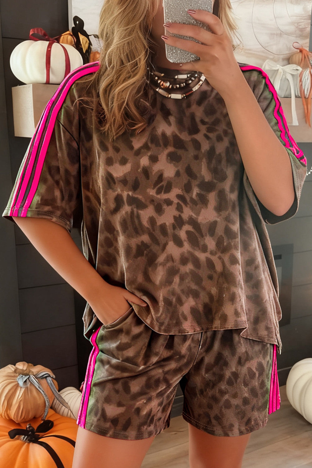 Brown Contrast Striped Accent Leopard Short Set - PREORDER