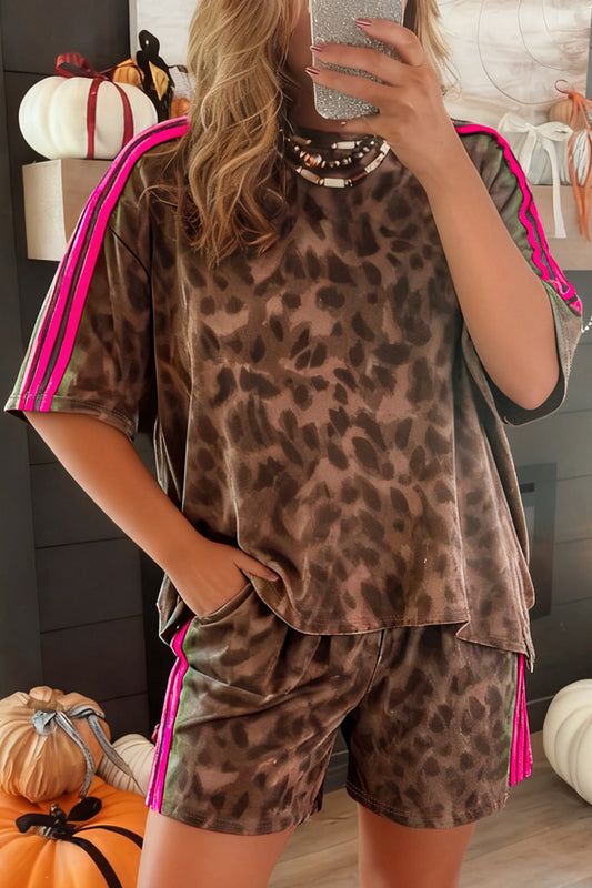 Brown Contrast Striped Accent Leopard Short Set - PREORDER