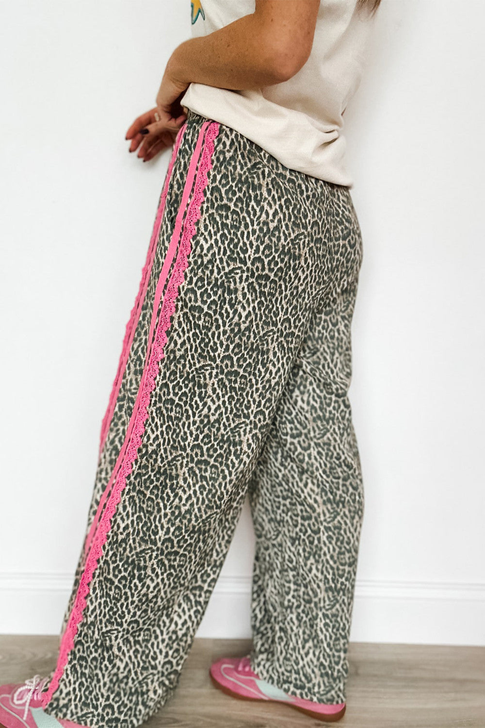 Brown Wild Leopard Print Contrast Lace Striped Detail Drawstring Pants - :PREORDER