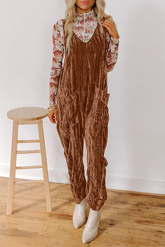 Coffee Velvet Adjustable Straps Patched Pocket Sleeveless Jumpsuit