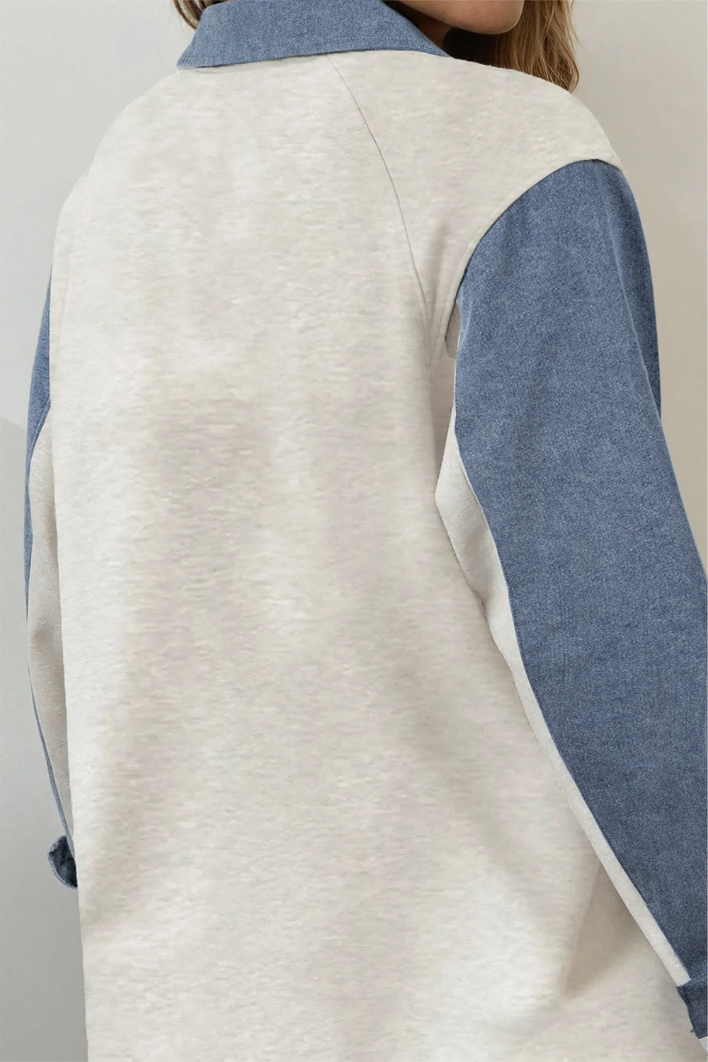 Light Grey Denim Patchwork Buttoned Polo Collar Long Sleeve Top - PREORDER