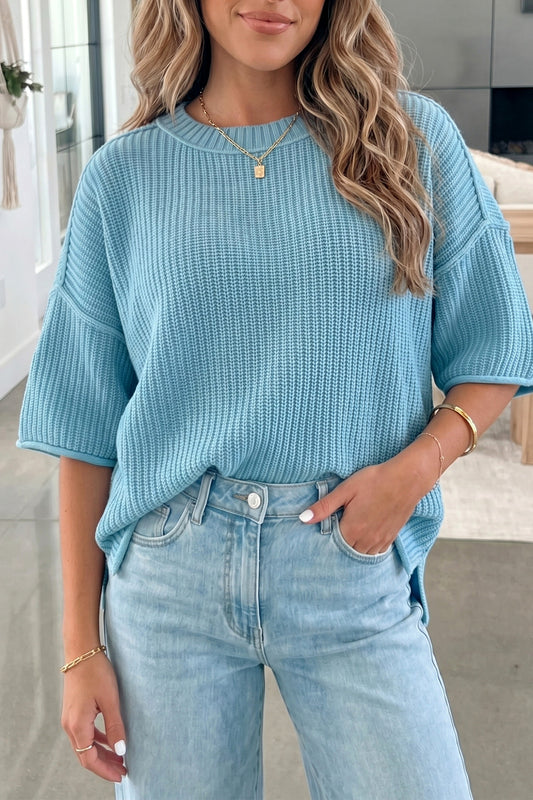 Mist Blue Exposed Seam Detail Half Sleeve Loose Sweater - PREORDER
