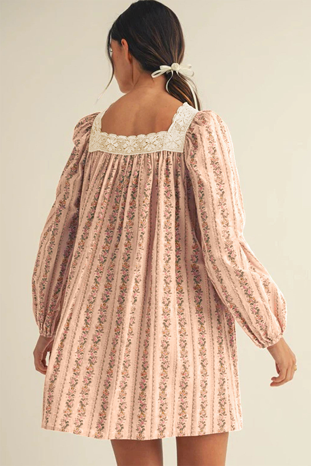 Floral Print Contrast Velvet Bow Lace Patchwork Long Sleeve Loose Mini Dress - PREORDER