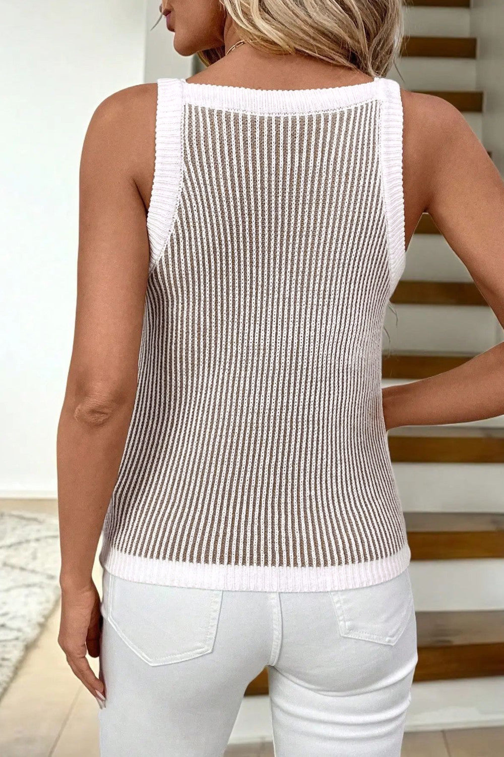 Pale Khaki Contrast Trim Ribbed Knit Sweater Tank Top - PREORDER