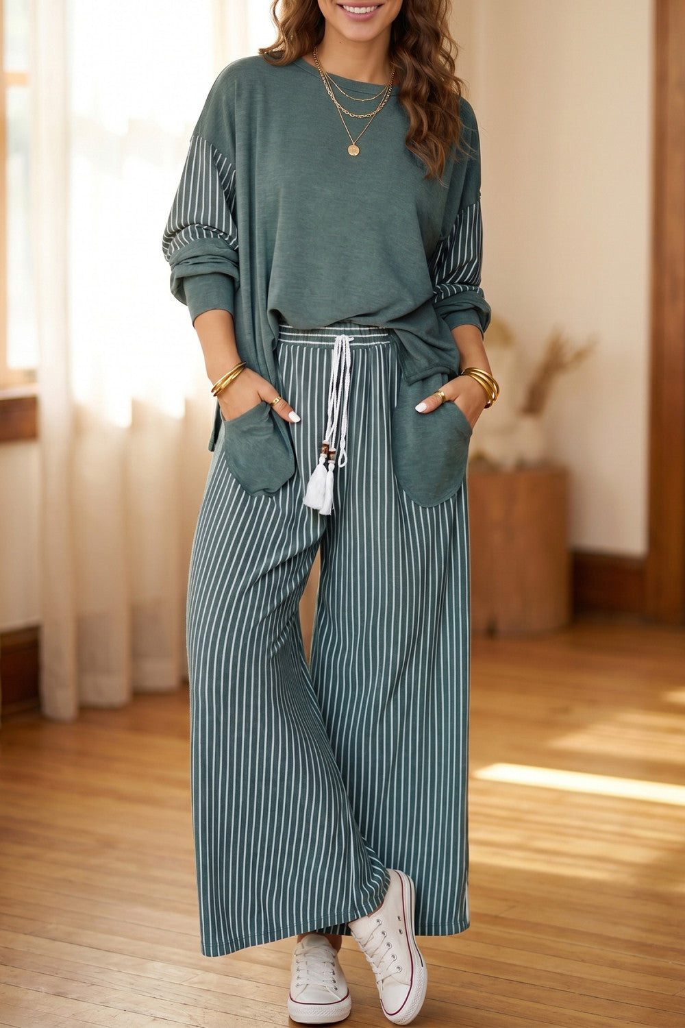 Green Bay Raw Edge Patchwork Long Sleeve Top Pocket Casual Pants 2pcs Set - PREORDER