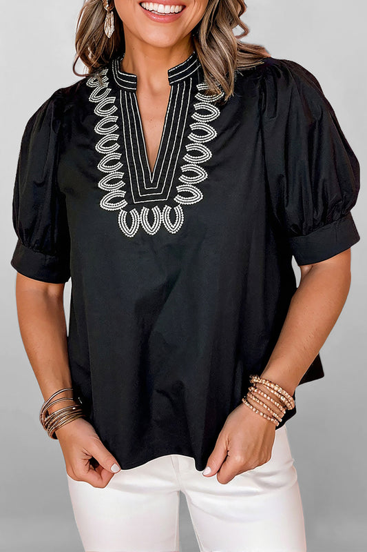 Black Short Puff Sleeve Contrast Embroidered Detail V Neck Blouse - PREORDER