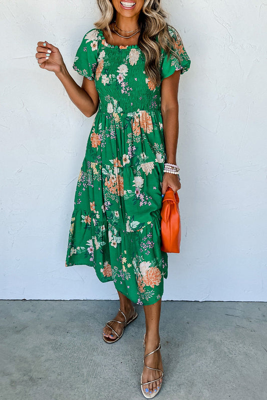 Green Floral Print Bubble Sleeve Smocked Tiered Midi Dress - PREORDER
