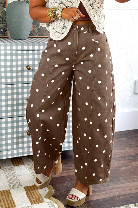 Brown Tailored Seam Polka Dot Print Ankle Length Casual Jeans - PREORDER