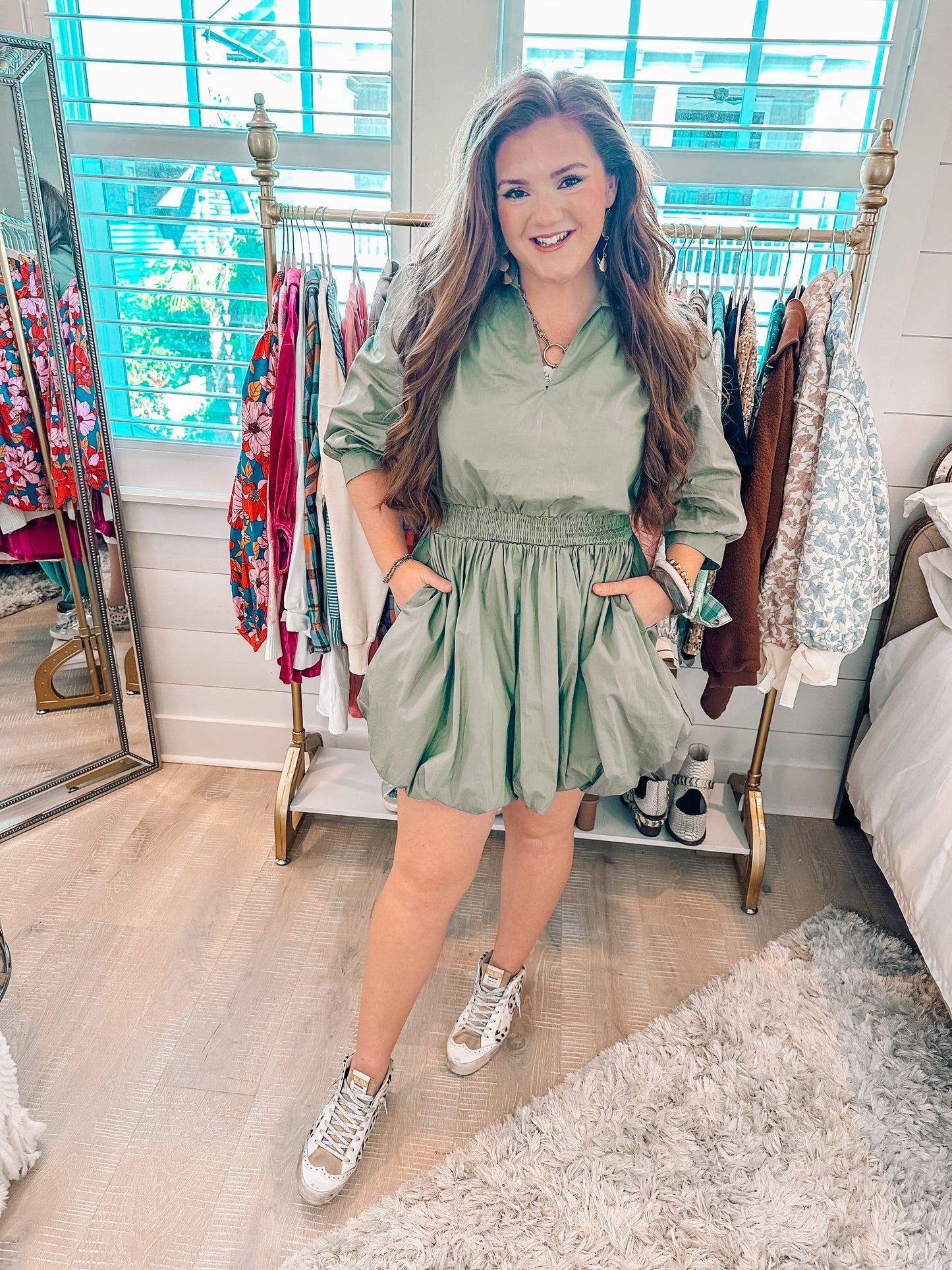 Green Collared Smocked Mini Dress PREORDER