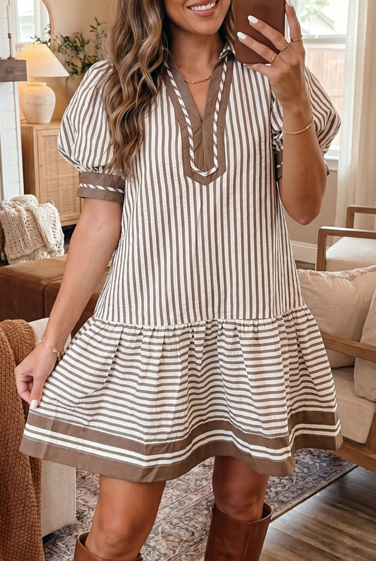 Brown Stripe Shirt Collar Color Block Patchwork Trim Ruffle Hem Short Dress - PREORDER