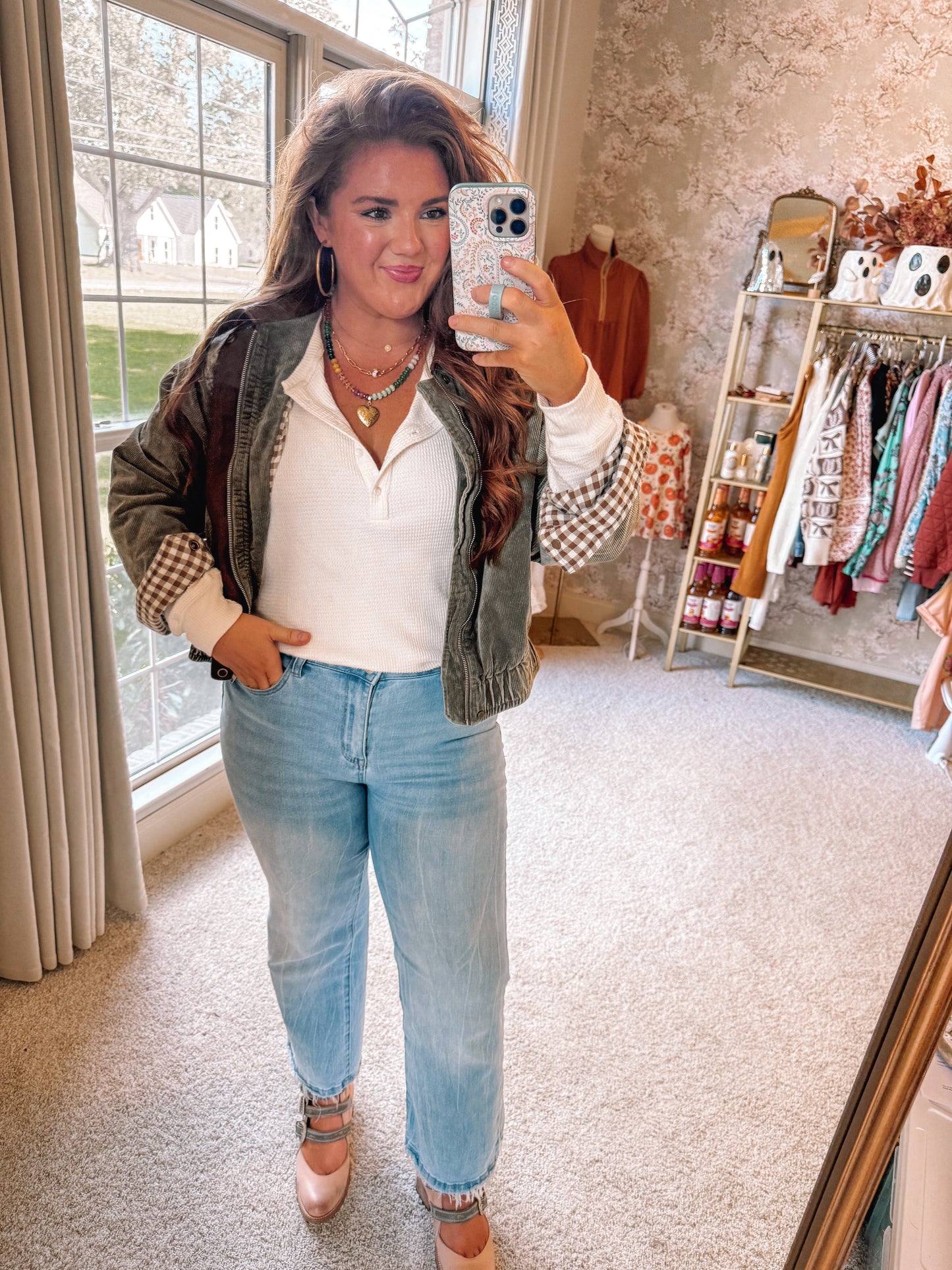 Green Corduroy Jacket With Leather Collar