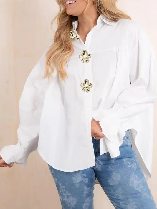 Flower Metal Charm Button-Up Loose Shirt Ruffle Blouse