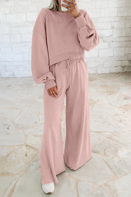 Light Pink Drop Shoulder Puff Sleeve Crop Pullover Drawstring Wide Leg Pants Set - PREORDER