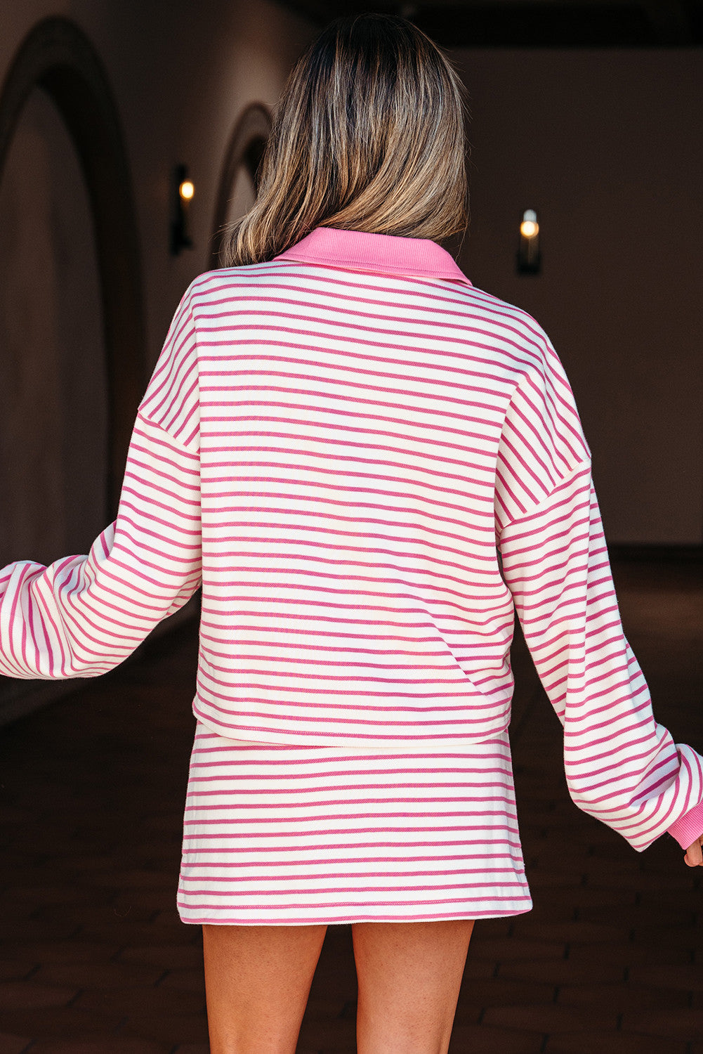 Pink Stripe Collared V Neck Drop Shoulder Pullover and Skort 2pcs Outfit - PREORDER
