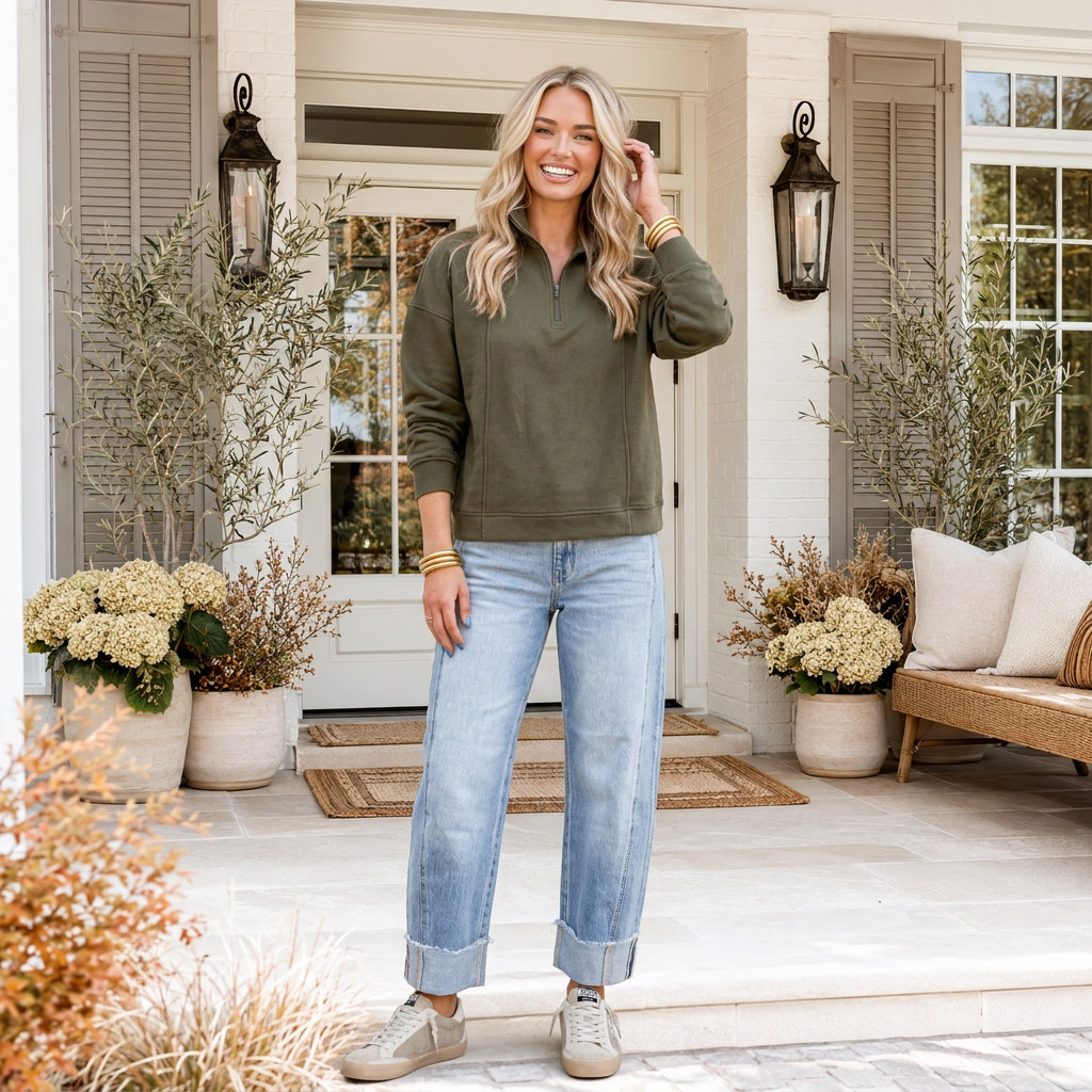 Green Zipped Neck Pullover Drop Shoulder Sweatshirt - PREORDER