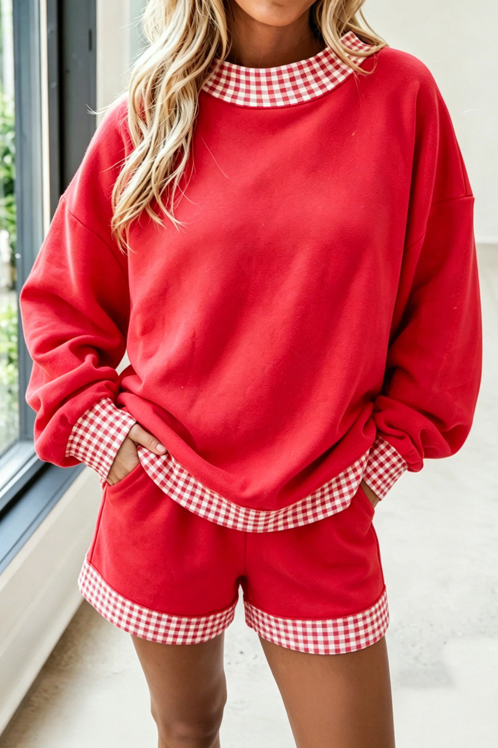 Fiery Red Casual Plaid Trim Long Sleeve Two Piece Set - PREORDER