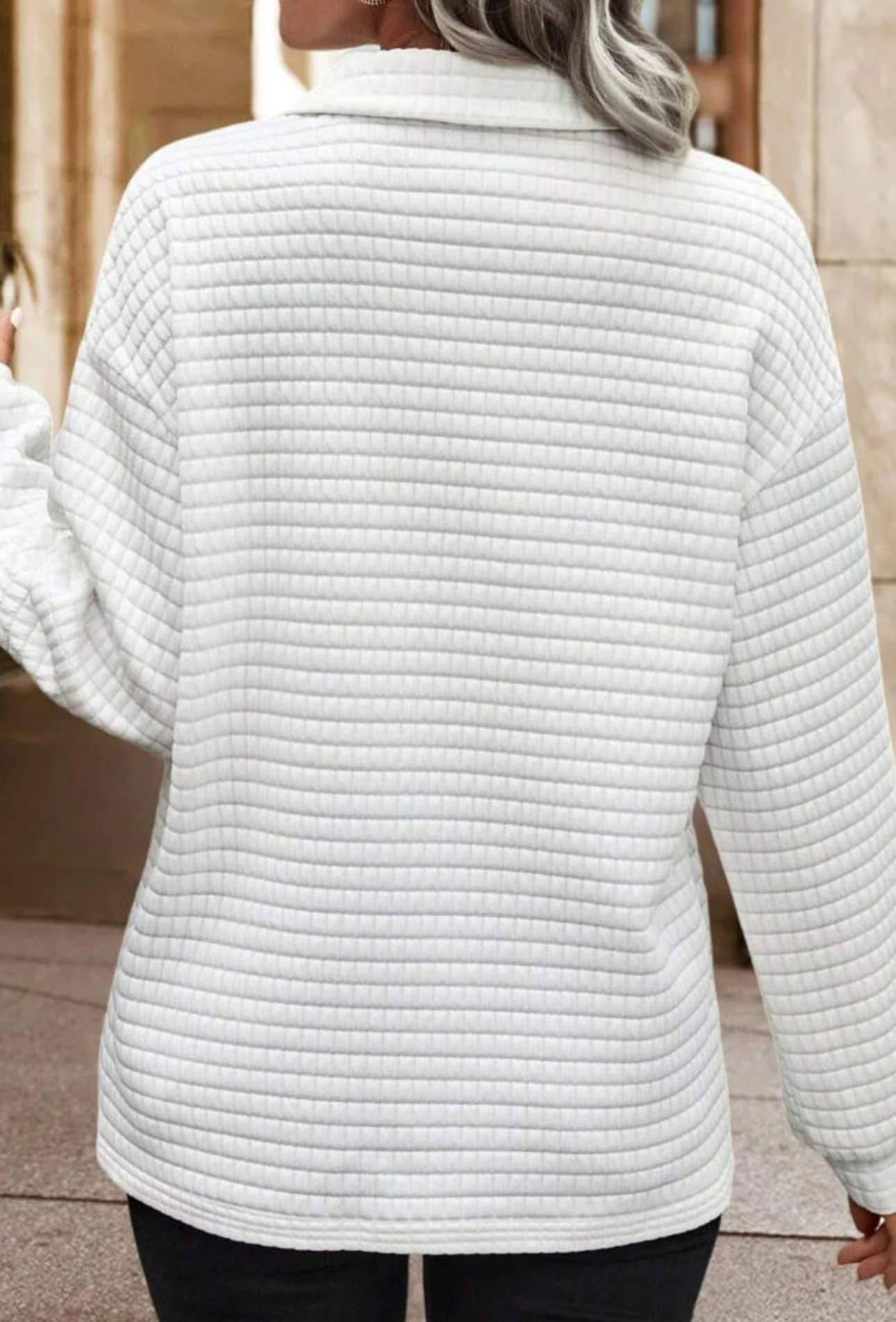 White Quilted Texture Sporty Collared Long Sleeve Top PREORDER