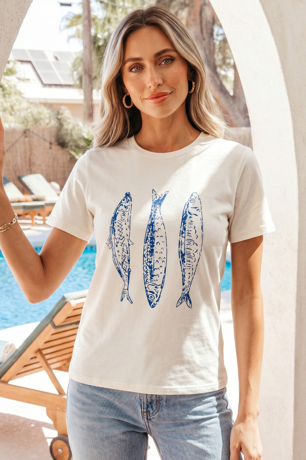 White Fish Print Short Sleeve Round Neck T Shirt - PREORDER