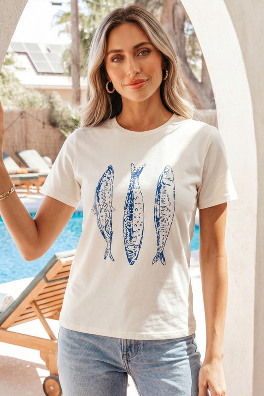 White Fish Print Short Sleeve Round Neck T Shirt - PREORDER