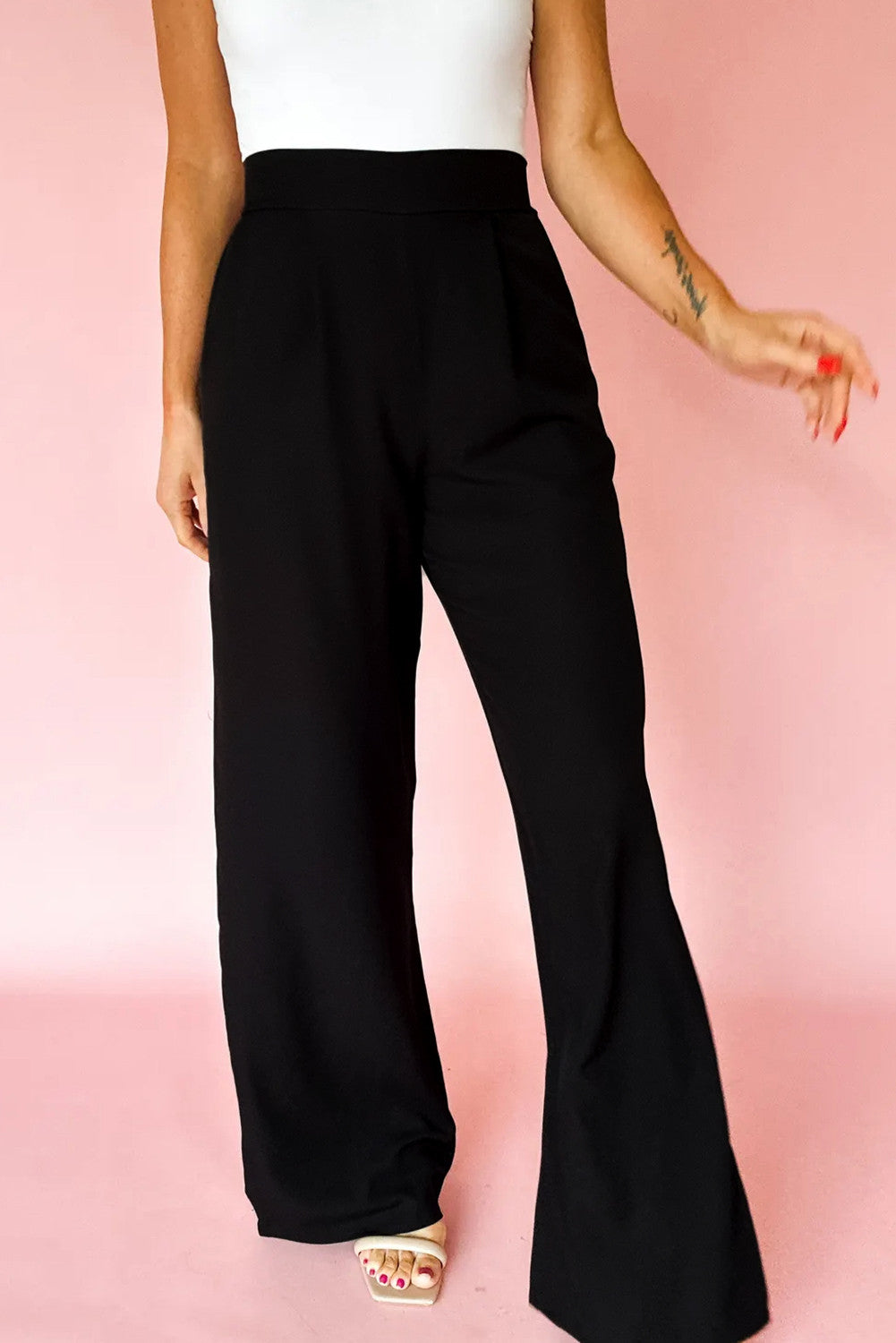 Black Pleated Detail Pull On High Elastic Waist Loose Straight Pants