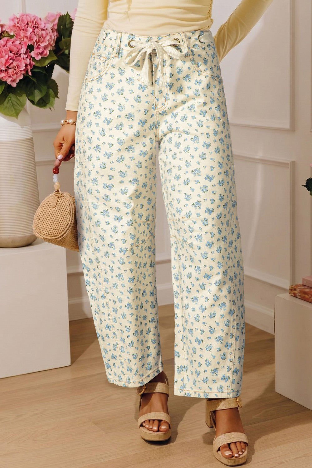 Beige Grommet Knot Waist Floral Barrel Leg Jeans - PREORDER