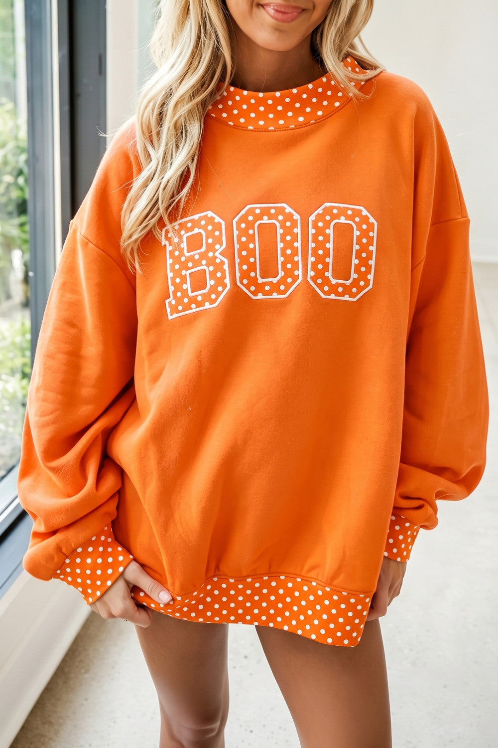 Orange BOO Polka Dot Letter Print Contrast Trim Mock Neck Sweatshirt - PREORDER