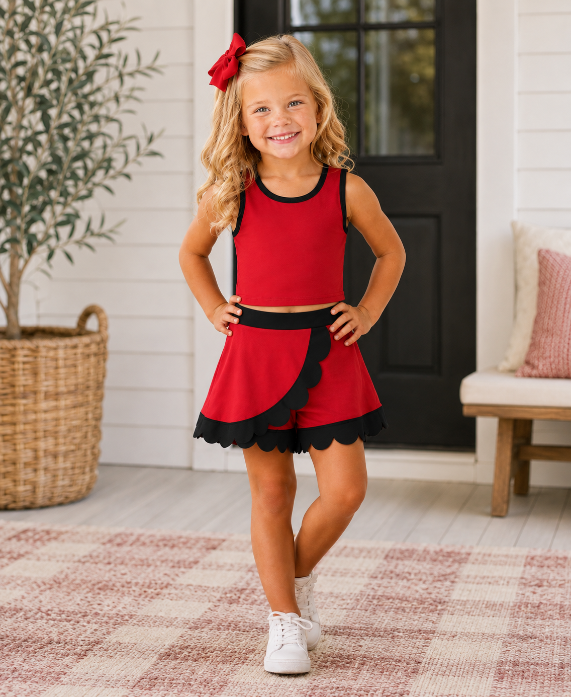 Girls Red & Black Scalloped Skort Set - PREORDER