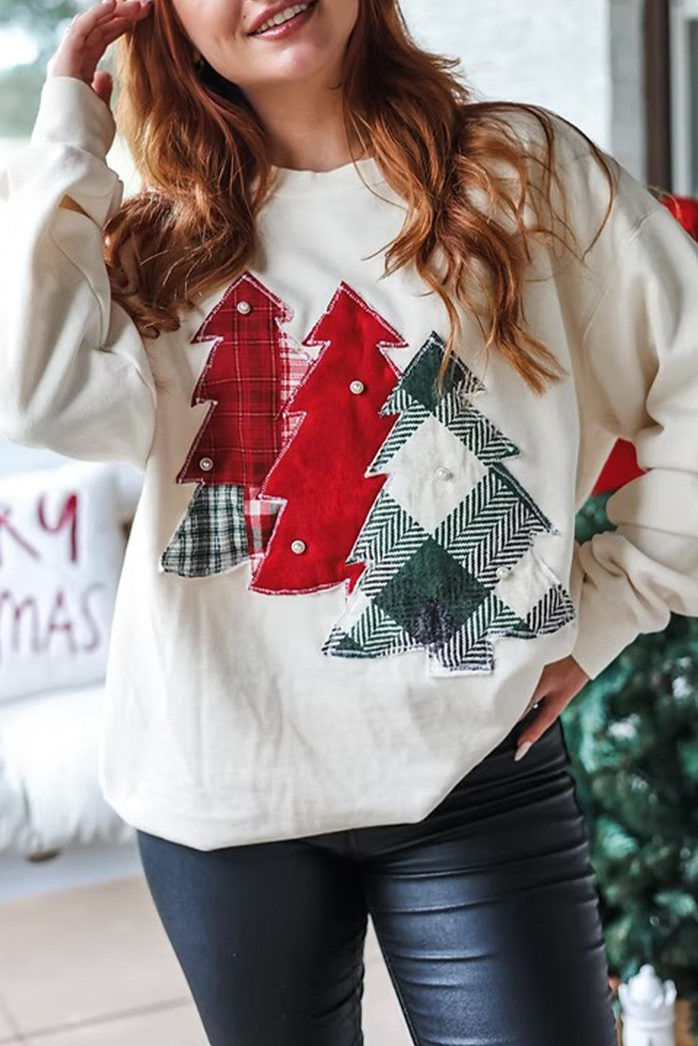 White Pearl Plaid Christmas Tree Patched Drop Shoulder Sweatshirt - PREORDER