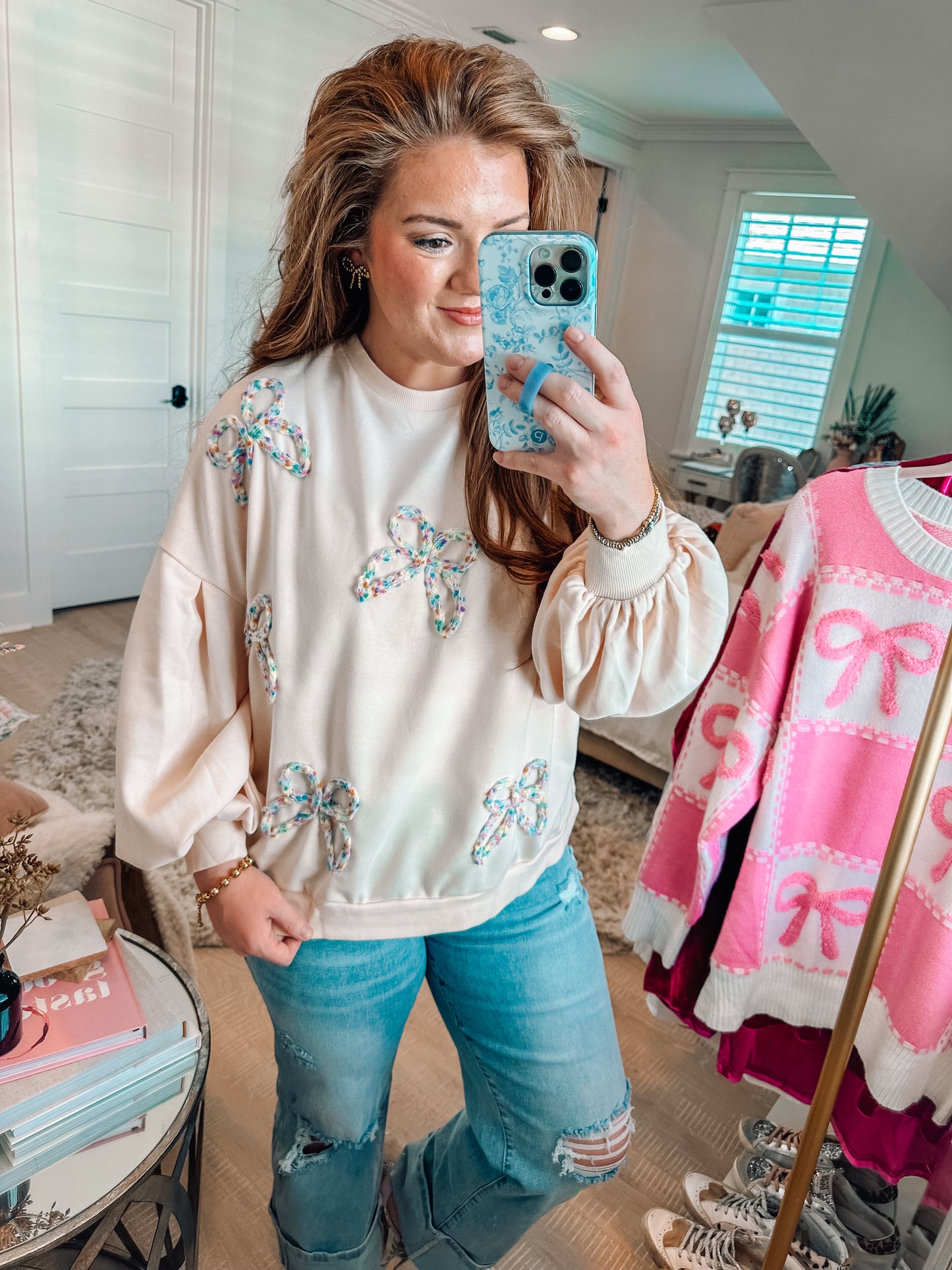 Light Tan Yarn Bow Oversized Sweatshirt