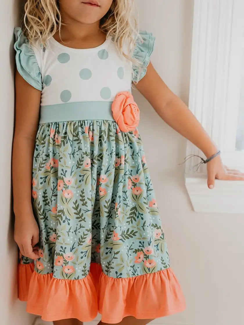 Kids Sage & Dusty Blue Floral Rosette Summer Twirl Dress