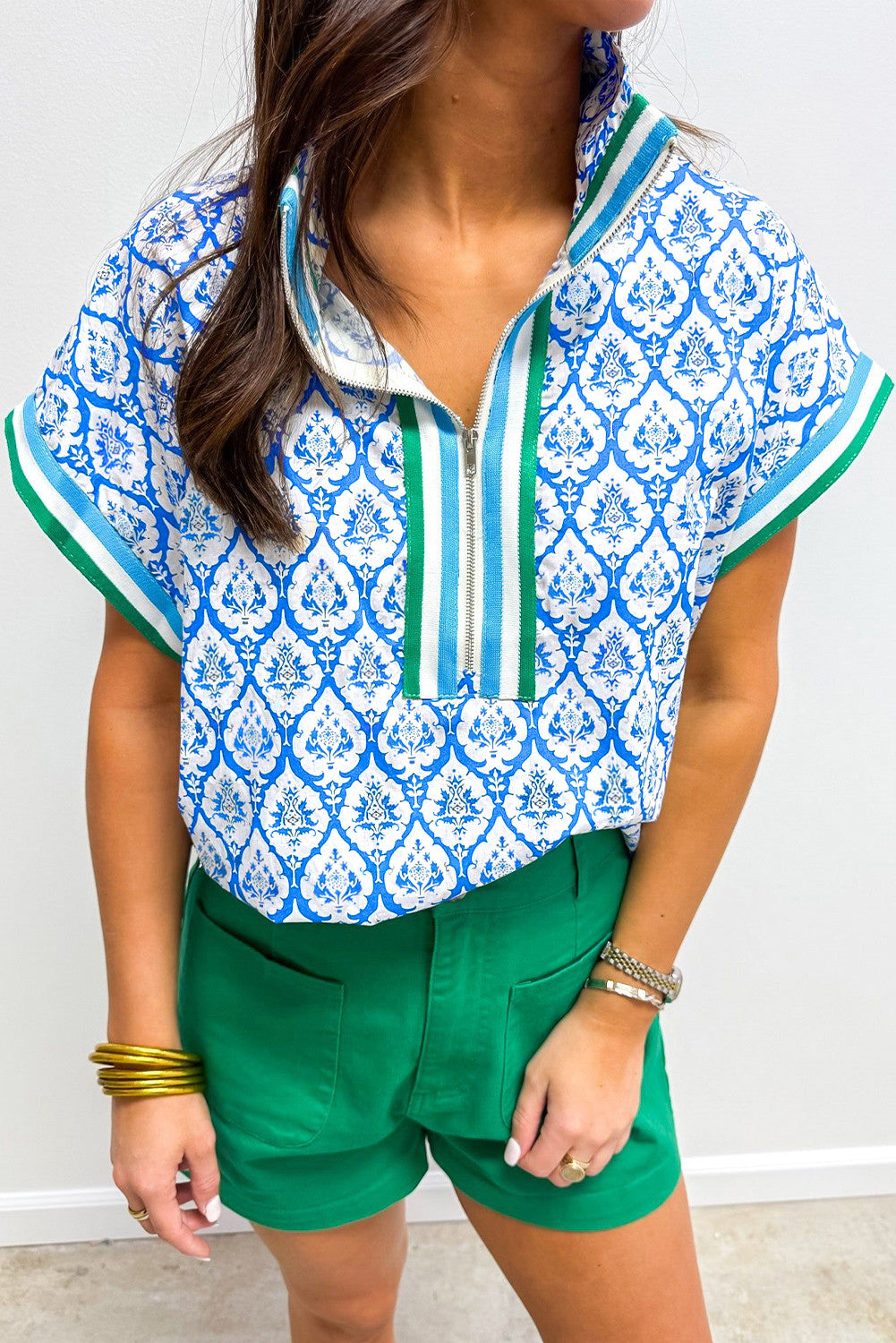 Sky Blue Print Zipped Collar Short Sleeve Summer Blouse Top - PREORDER