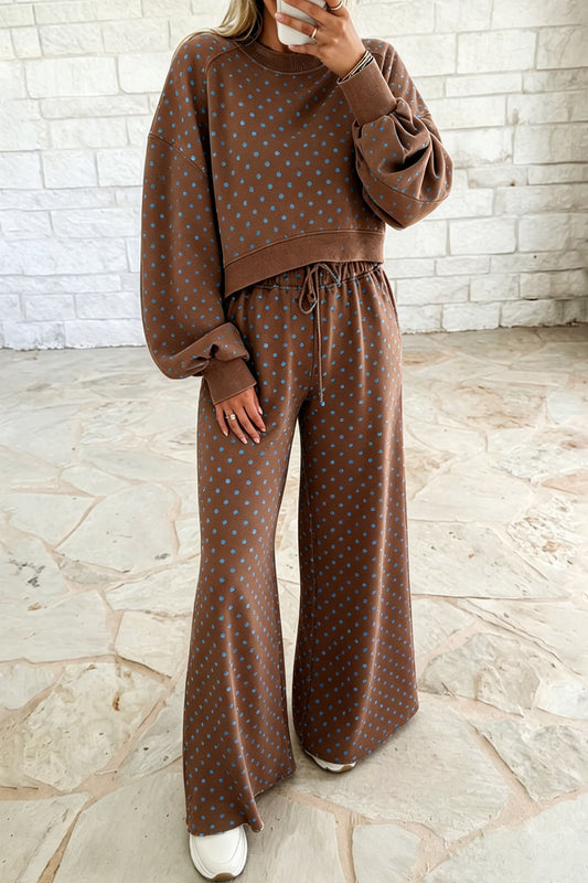 Brown Polka Dot Drawstring Wide Leg Long Sleeve Top Pant Set - PREORDER