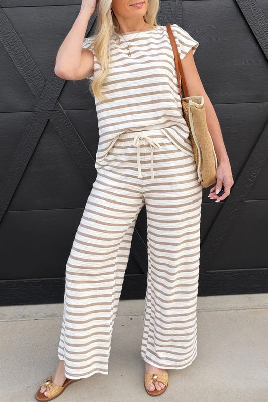 Khaki Stripe Cap Sleeve Tee Drawstring Shift Pants 2pcs Outfit - PREORDER