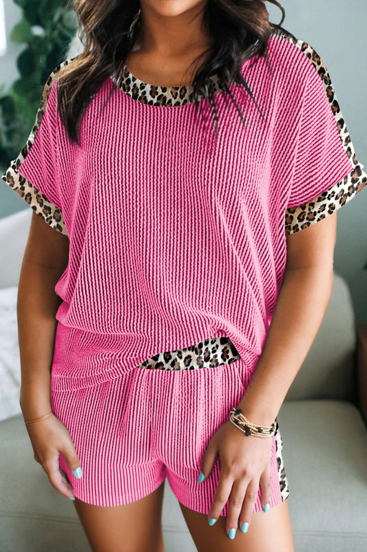 Pink Leopard Trim Twist Ribbed Short Set - PREORDER