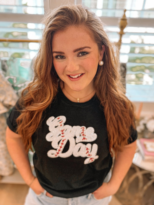 Black Sequin Baseball Game Day Graphic Crew Neck Tee
