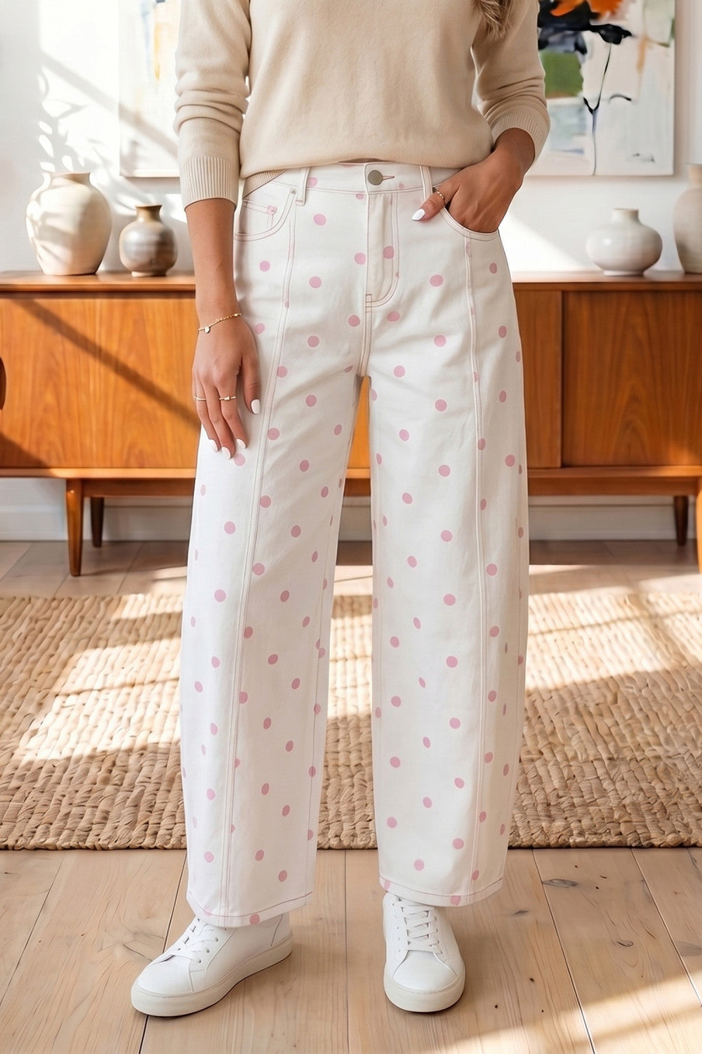 Pink Tailored Seam Polka Dot Print Barrel Casual Jeans - PREORDER
