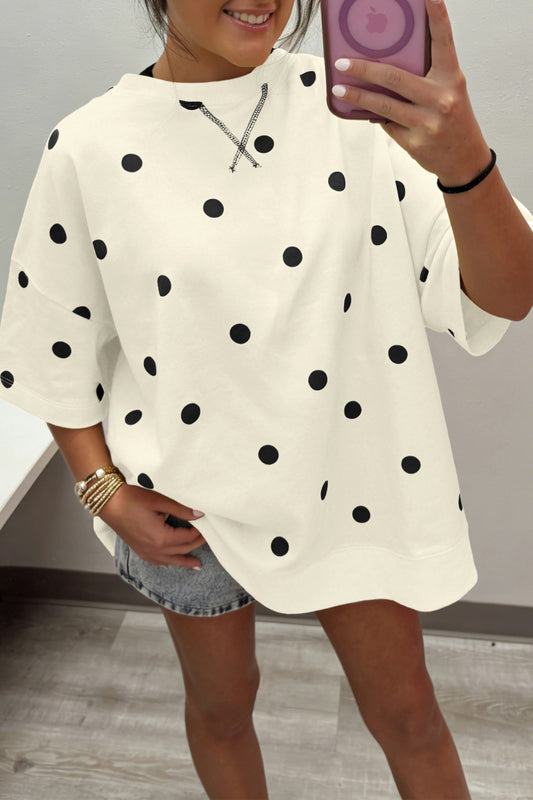 Beige Polka Dot Print Crossed Seam Detail Oversize Tee - PREORDER
