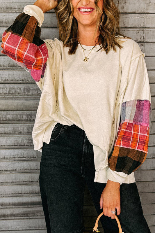 Beige Contrast Plaid Long Sleeve Exposed Seam Patchwork Top - PREORDER