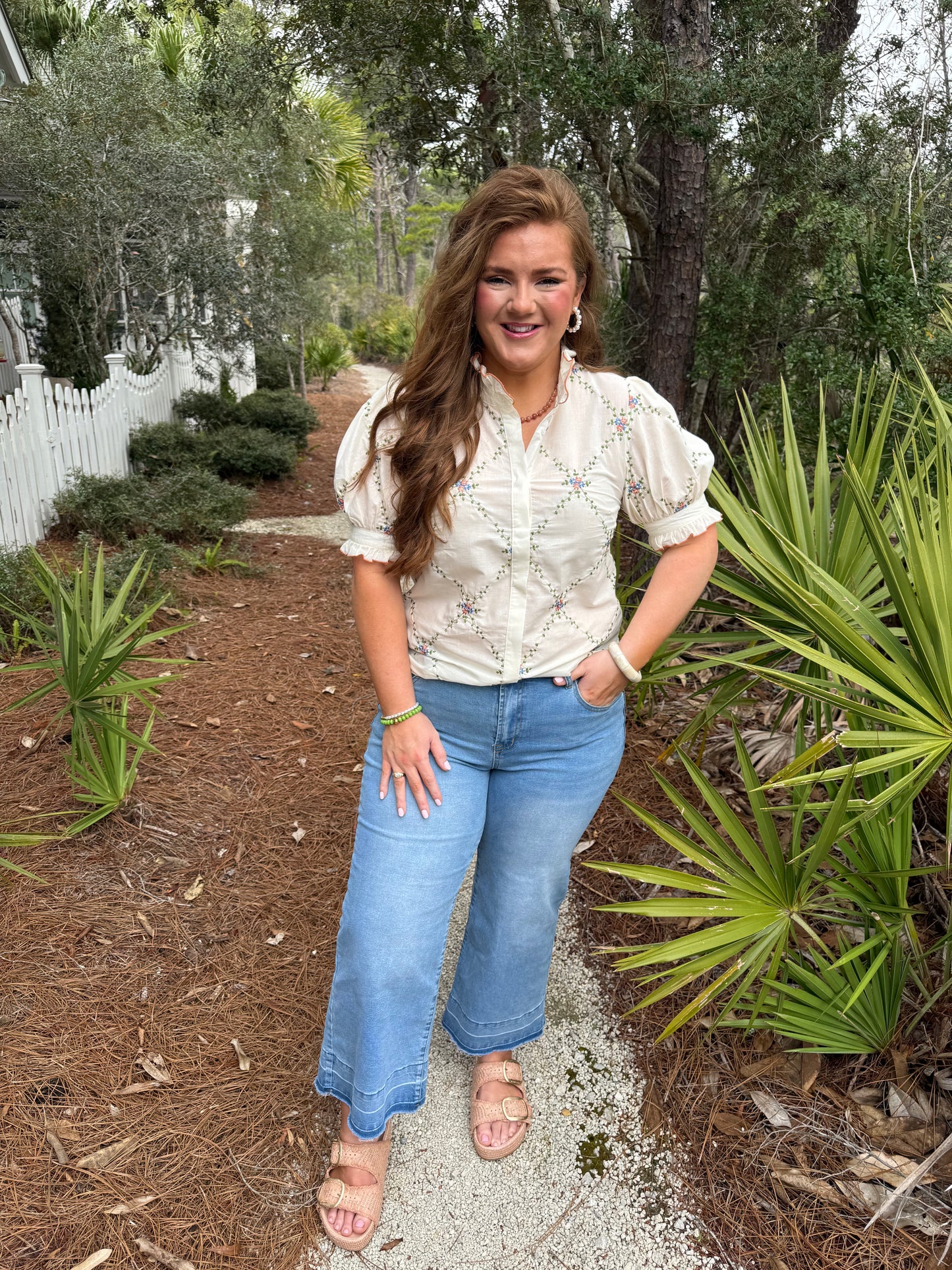 Embroidered Ruffle Collar Cotton Blouse