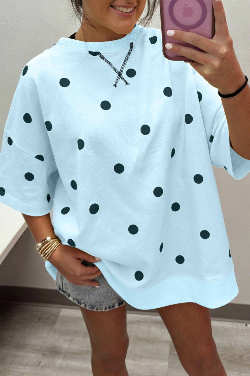 Sky Blue Polka Dot Print Crossed Seam Detail Oversize Tee - PREORDER