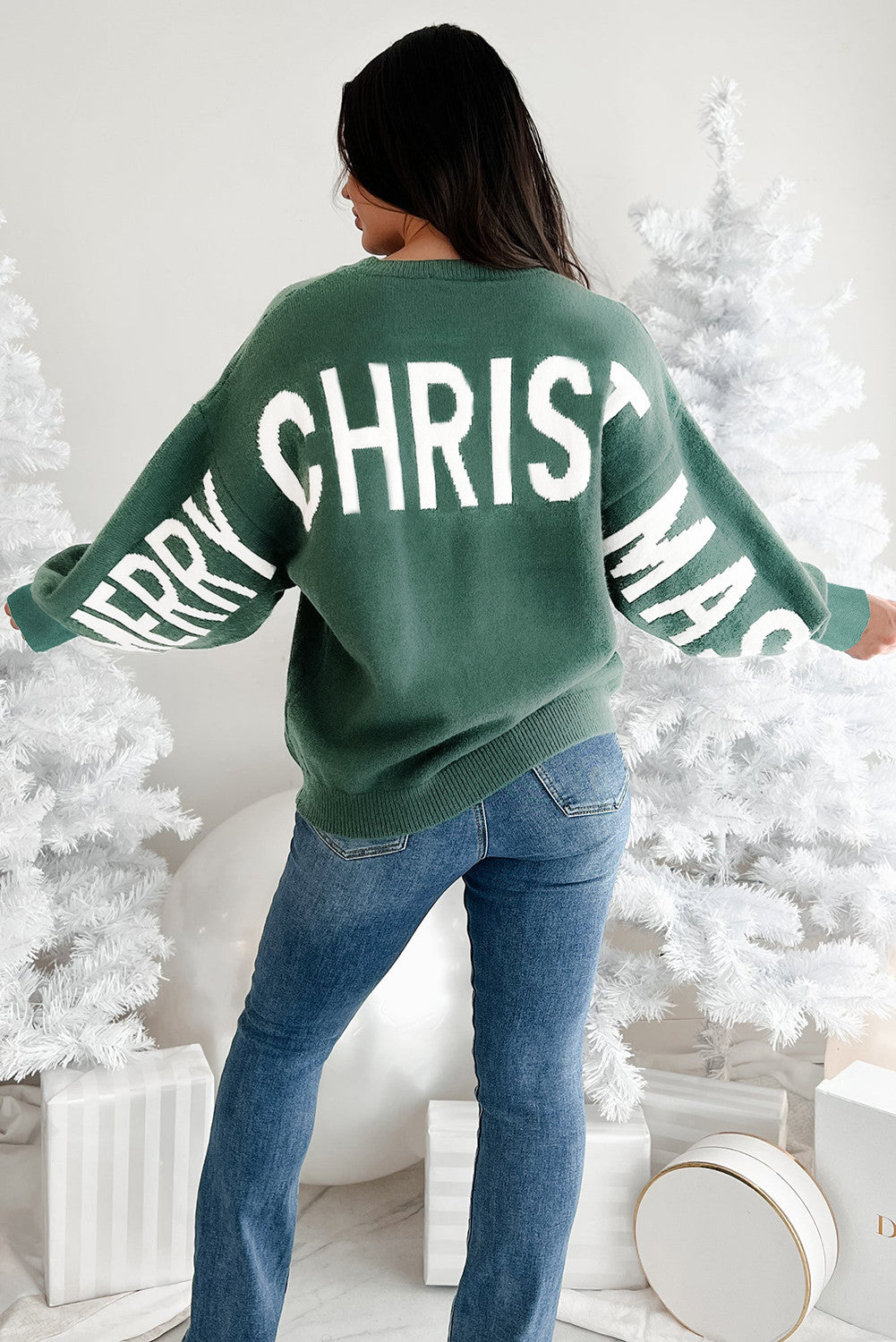 Green HO HO HO MERRY CHRISTMAS Drop Shoulder Loose Sweater - PREORDER