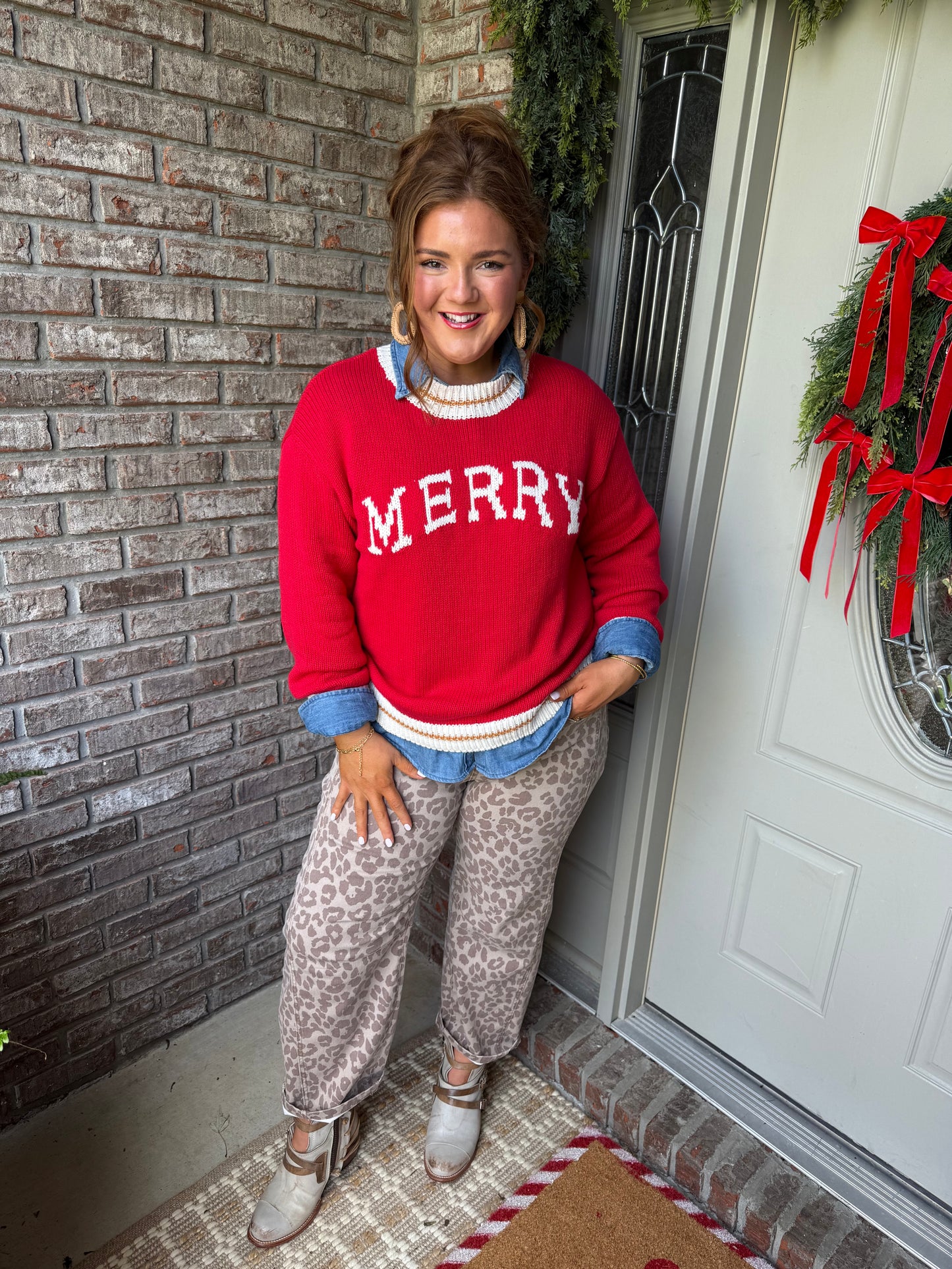 Red MERRY Color Block Edge Drop Shoulder Cozy Sweater - PREORDER