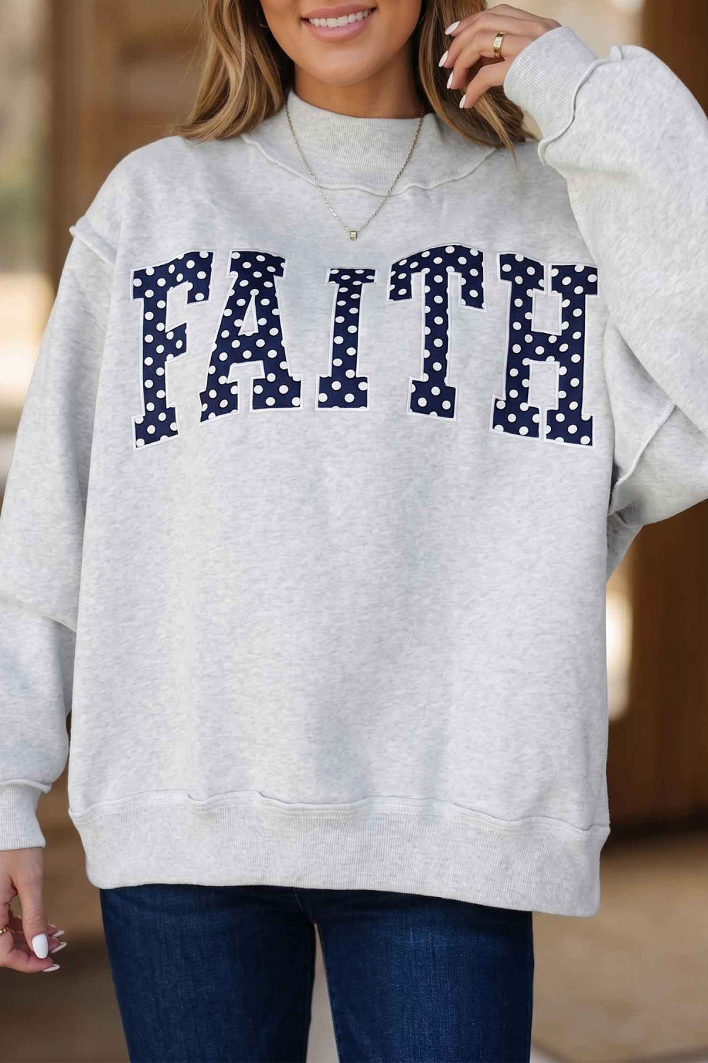 Light Grey High Neck Polka Dot Slogan Printed Baggy Sweatshirt - PREORDER