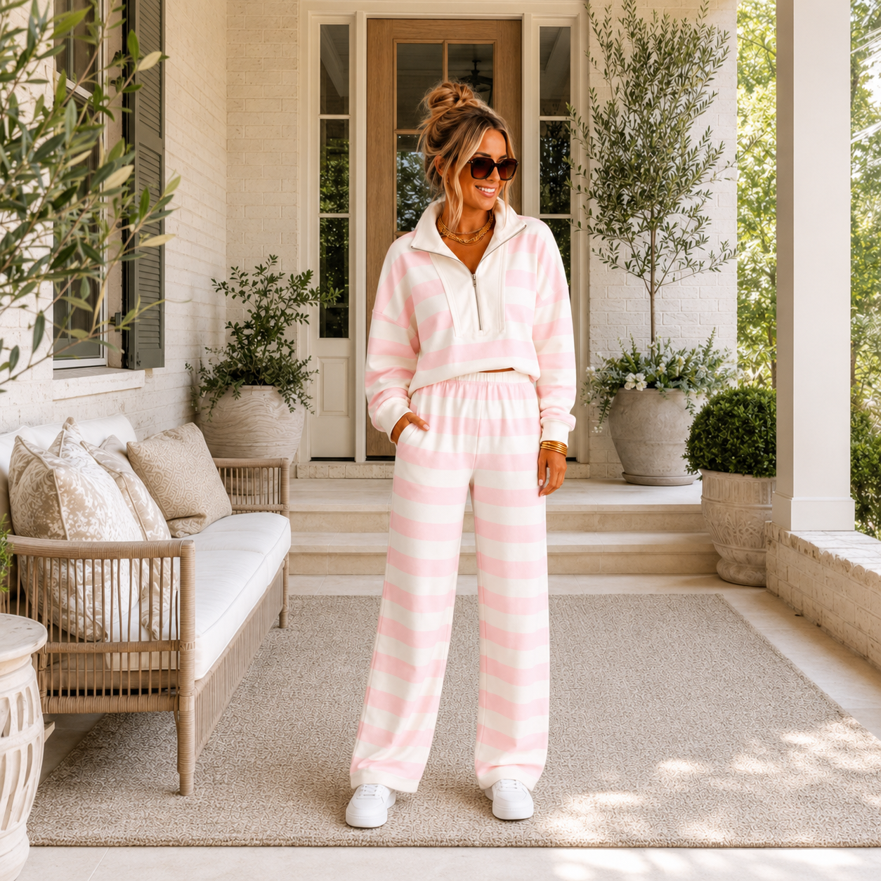 Pink Stripe Color Block Patchwork Zip Long Sleeve Top Elastic Waist Pants Set - PREORDER
