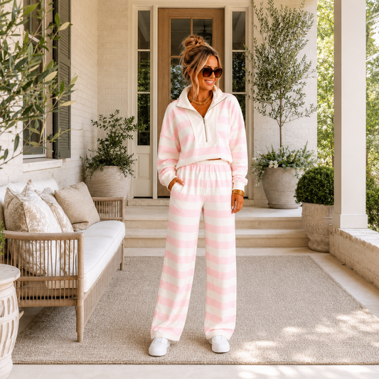 Pink Stripe Color Block Patchwork Zip Long Sleeve Top Elastic Waist Pants Set - PREORDER