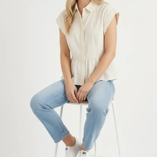 Button Down Babydoll Solid Woven Blouse