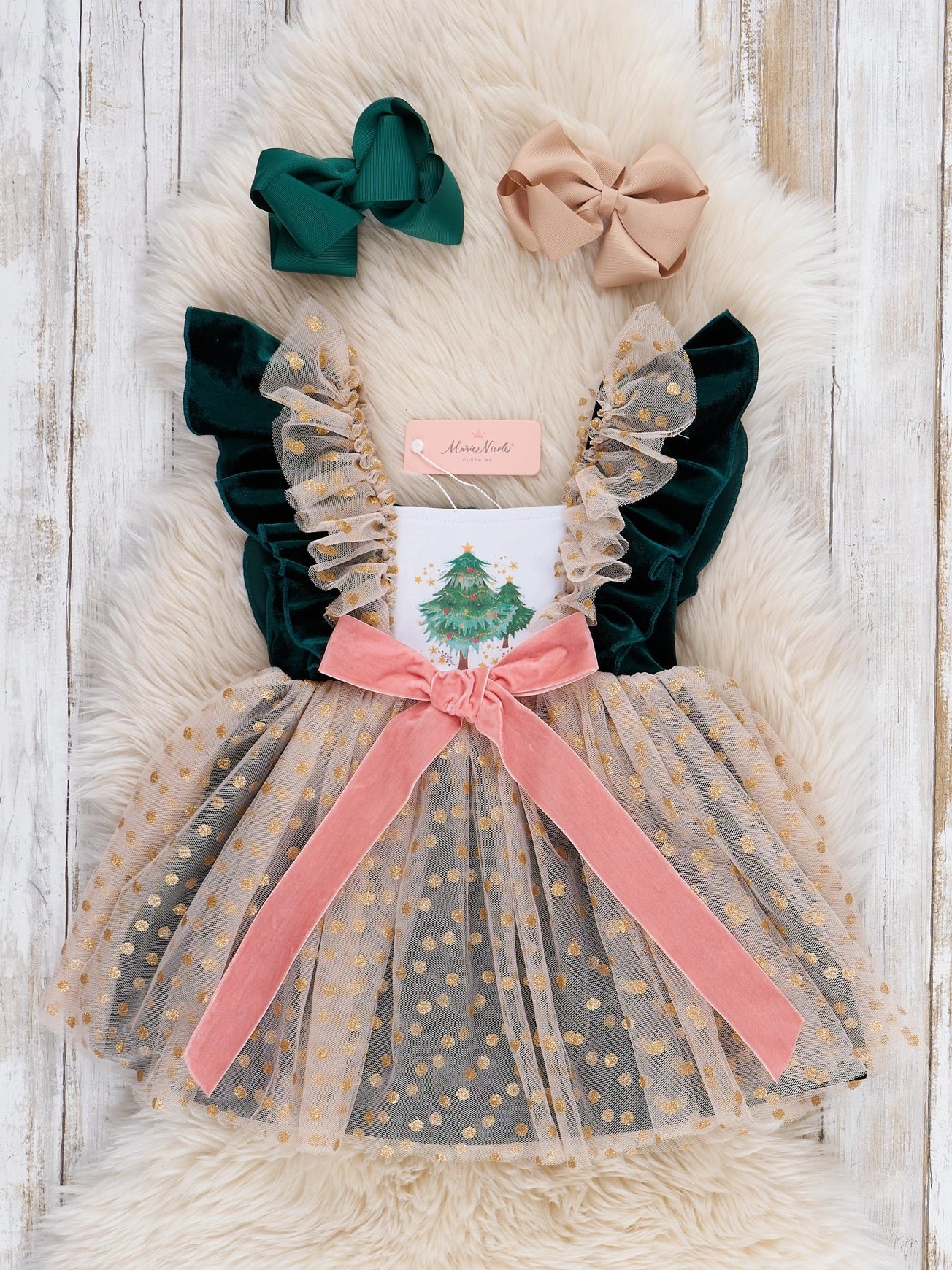 Swiss Dot Overlay Christmas Tree Dress - PREORDER