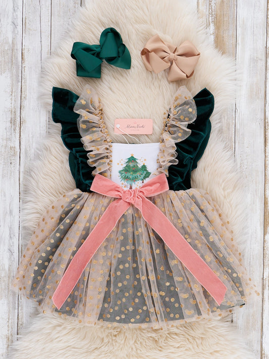 Swiss Dot Overlay Christmas Tree Dress - PREORDER