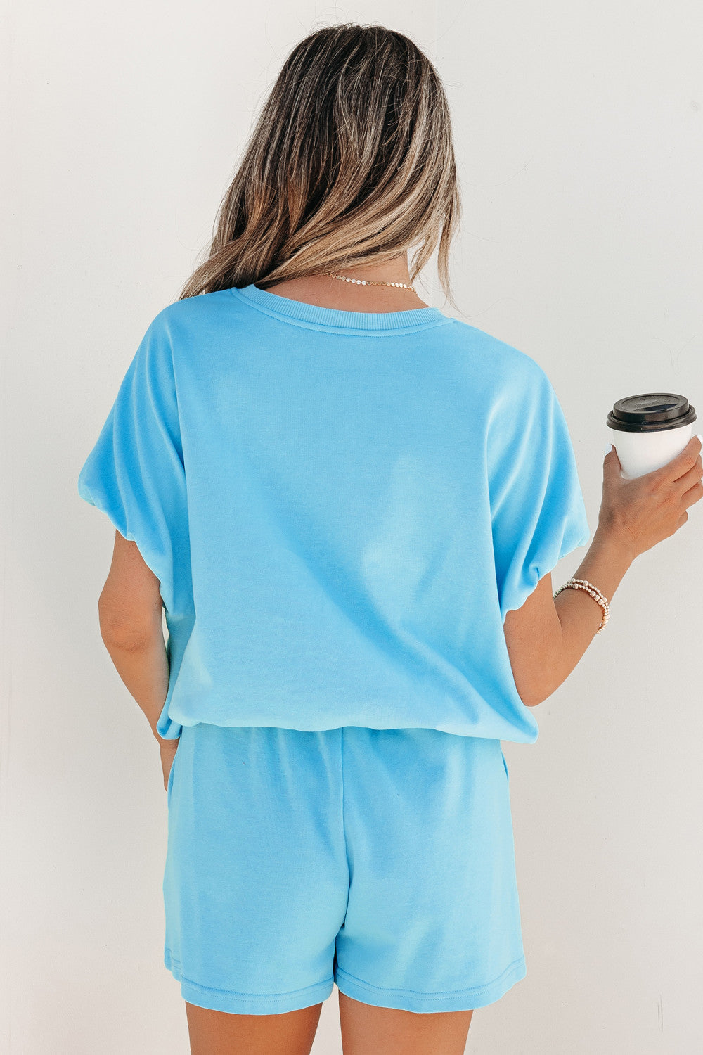 Light Blue Solid Color Puffy Loose Top Drawstring Shorts 2pcs Outfit - PREORDER