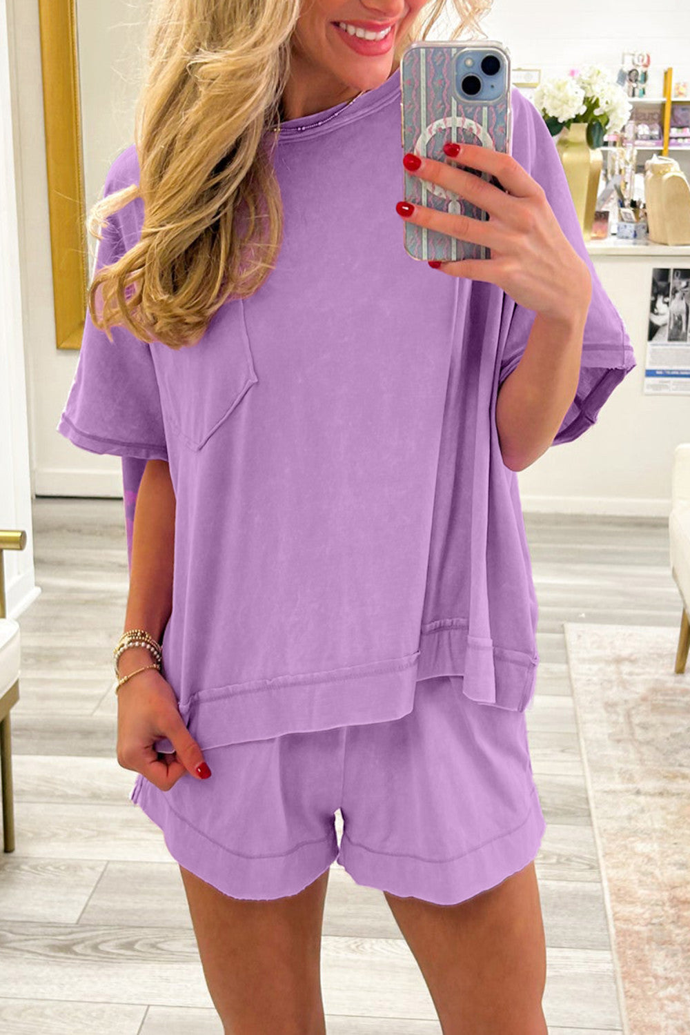 Orchid Bouquet Raw Edge Patch Pocket Oversized Top and Shorts Set - PREORDER